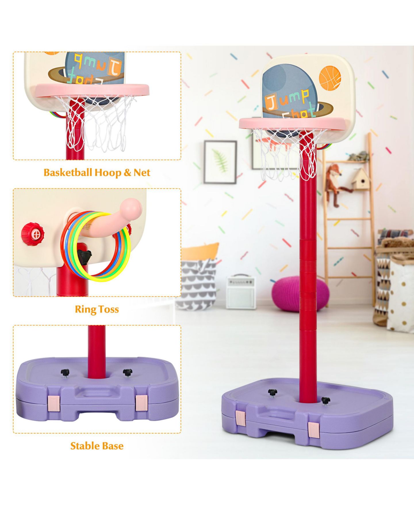 Детские игрушки Gymax Portable 2 in 1 Kids Basketball Hoop Stand w/ Ring Toss and Storage Box, цвет: Красный — фото 7