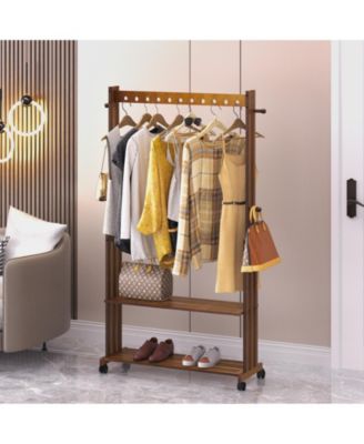 Retro Bamboo Clothes Rack:  Garment Organizer Hanging Rack with Wheels