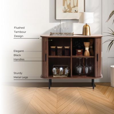 Mid-Century Modern 2-Door Accent Cabinet with Slatted Sliding Doors, Dark Oak