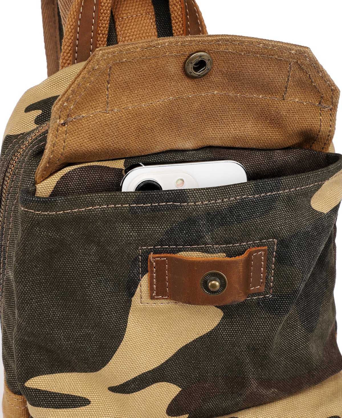 Tsd Brand Mountain Leaf Top Handle Sling Bag In Khaki Camo