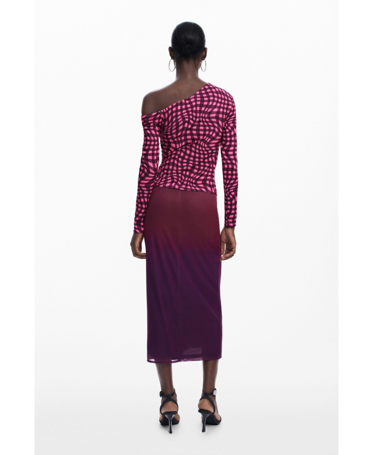 Desigual Women's Asymmetric T-shirt With Psychedelic Checks In Pink