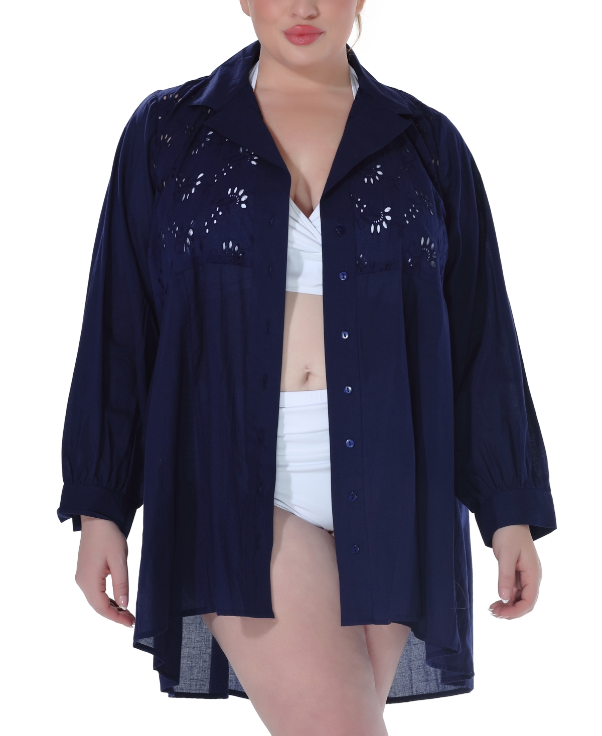 Plus Size Cotton Eyelet Button-Front Cover-Up Dress - White