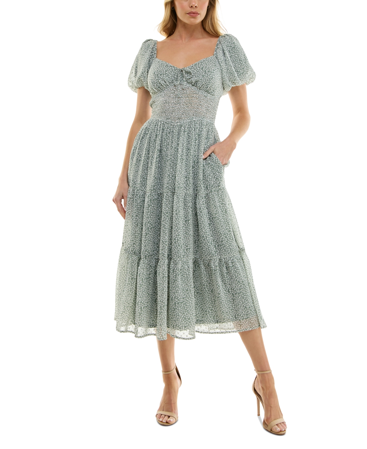 Juniors' Puff-Sleeve Midi Dress - Med Green