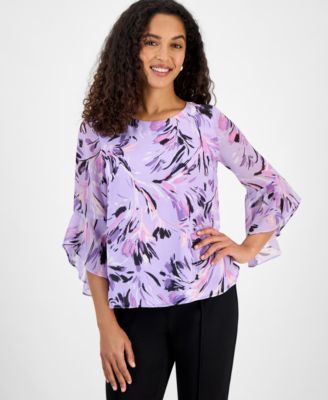 Kasper - Petite Printed Ruffle-Sleeve Blouse