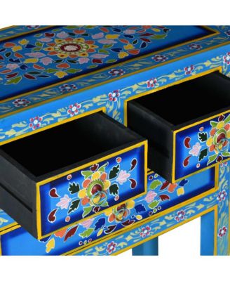 Sideboard with Drawers Solid Mango Wood Turquoise Hand Painted