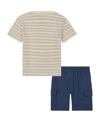 Toddler and Little Boys Slub Jersey Striped Tee and French Terry Cargo Shorts, 2-Piece Set
