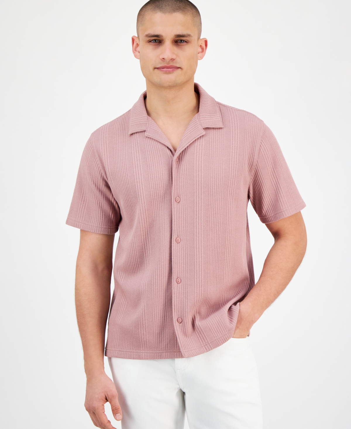 Men's Waffle-Knit Button-Down Shirt, Exclusively at Macy's - Mellow Blue