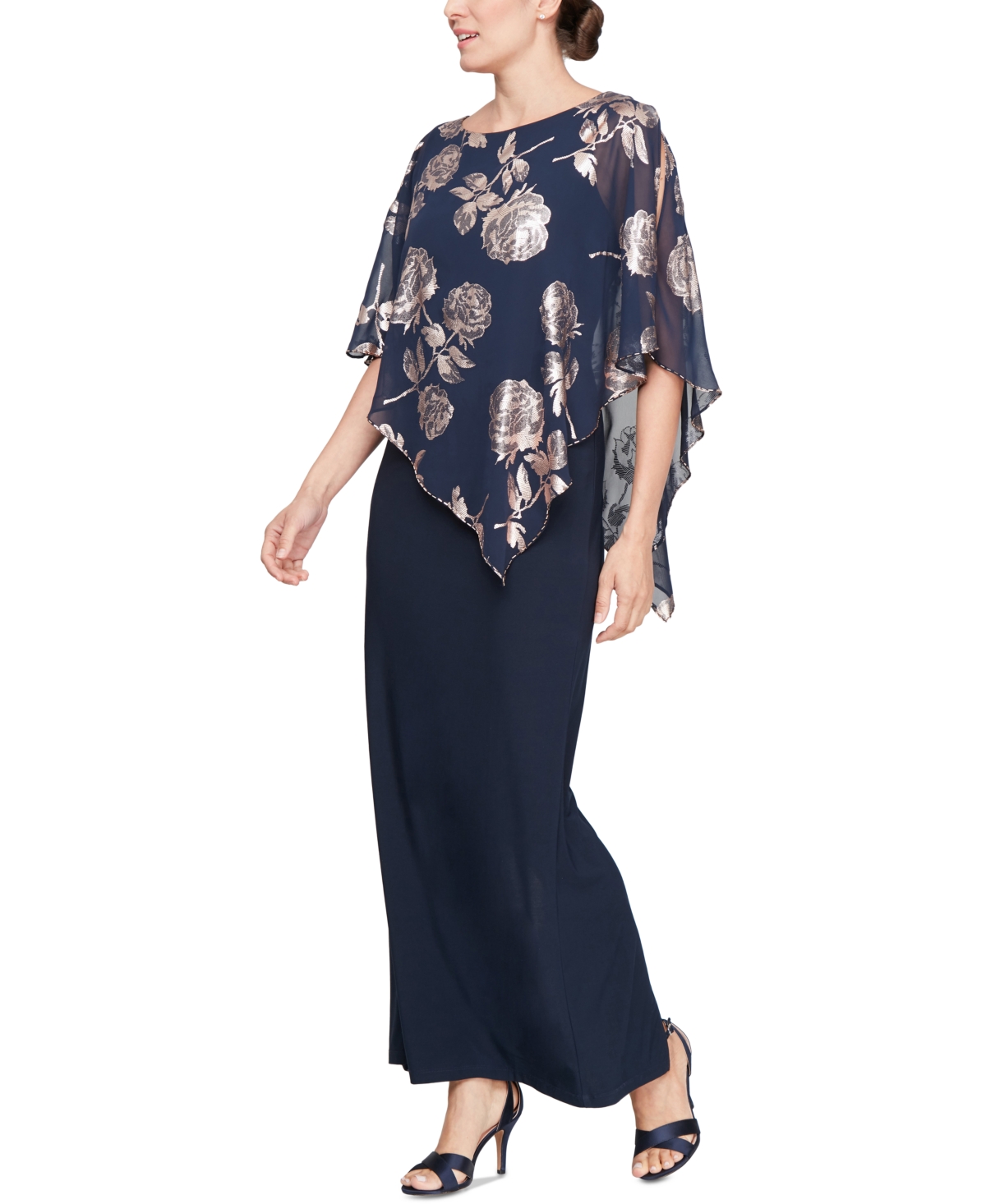 Women's Foil-Cape-Overlay A-Line Dress - Navy/Rose Gold