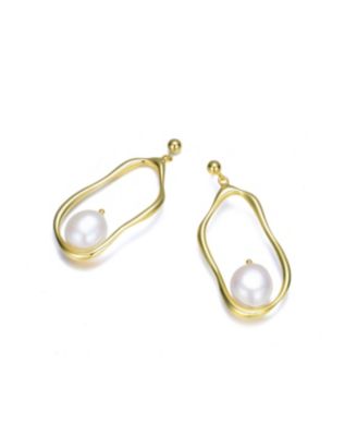 Stylish Sterling Silver with 14K Gold Plating and Genuine Freshwater Pearl Dangling Earrings