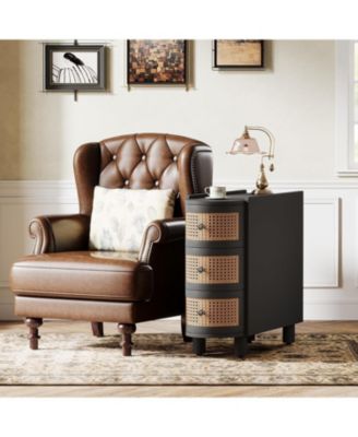 Solid Wood End Table, No Assembly Required, 3-Drawer Rattan Nightstand with Exquisite Embossed Handles, Perfect for Living Room, Bedroom Storage, 1 Pcs