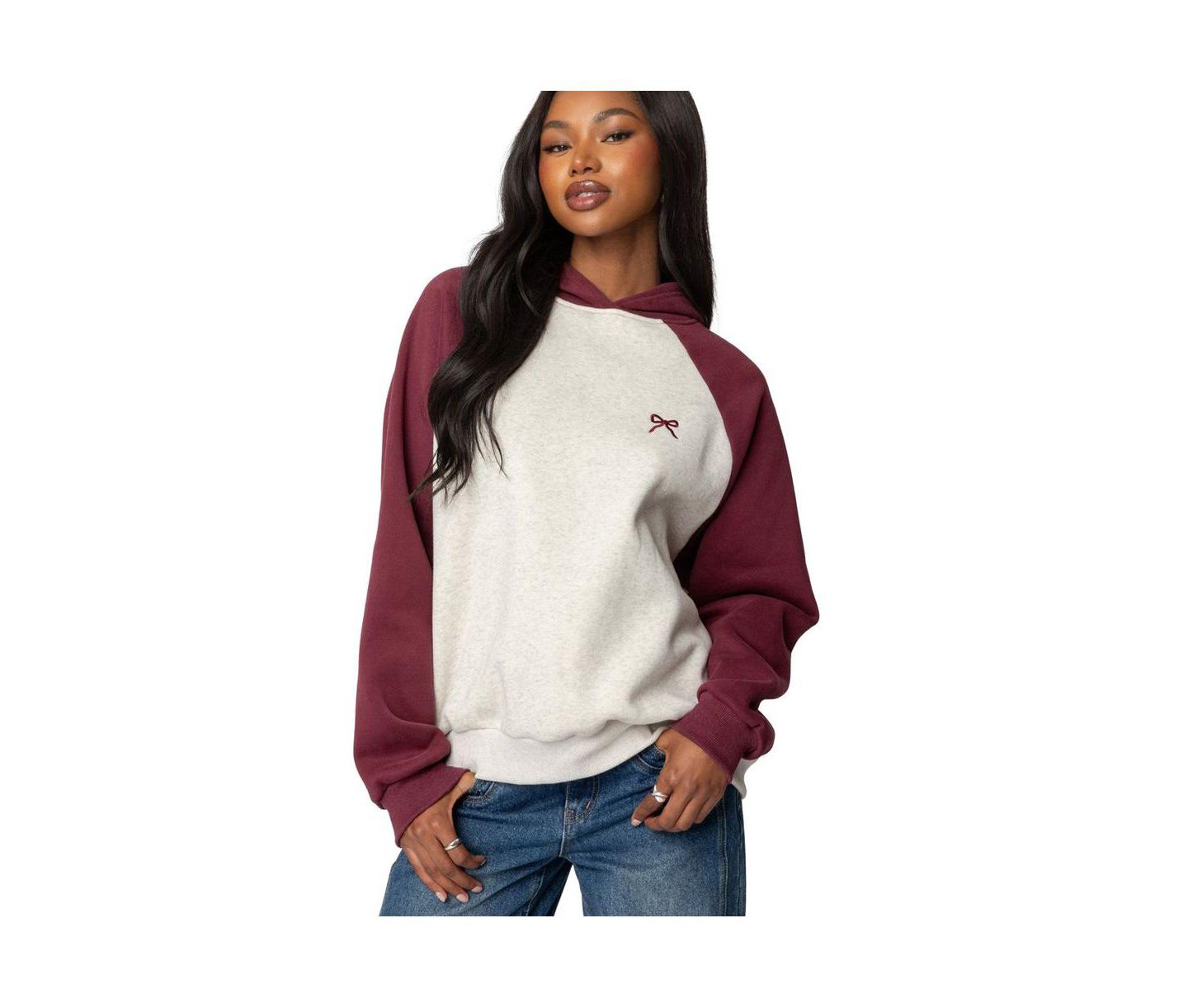 Женское худи Edikted Raglan Bow Oversized, цвет: Бордовый серый меланжевый — фото 1