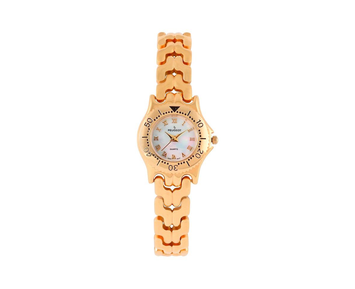 Womens Round 25mm 14K Gold Plated Wrist Watch- Mother of Pearl Dial - Gold