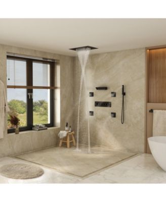 5-Function Flush Mount Thermostatic Shower System With Neck Massage Spout and 4 Body Jets