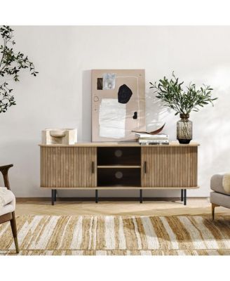 Mid-Century Modern 2-Door 55.1-Inch Wide TV Console with Slatted Slidng Doors
