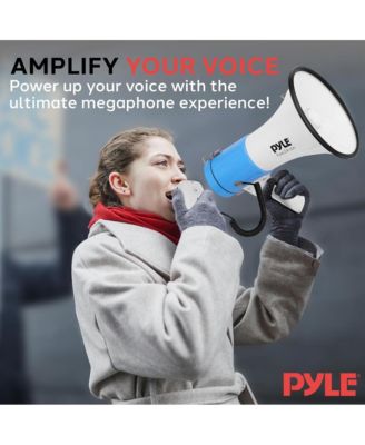 50-Watt Portable Megaphone with Siren, MP3 Input, Adjustable Volume, Shoulder Strap, Lightweight White Bullhorn