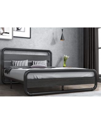 Heavy Duty Round Metal Frame Platform Bed with Wood Panel Headboard