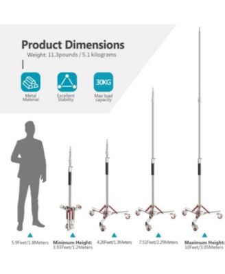 Heavy Duty Light Stand with Casters, Adjustable Tripod Stand with 100% Stainless Steel, Photography Wheeled Base Stand for Studio Softbox, Monolight, Reflector, Max Height: 10ft/305cm