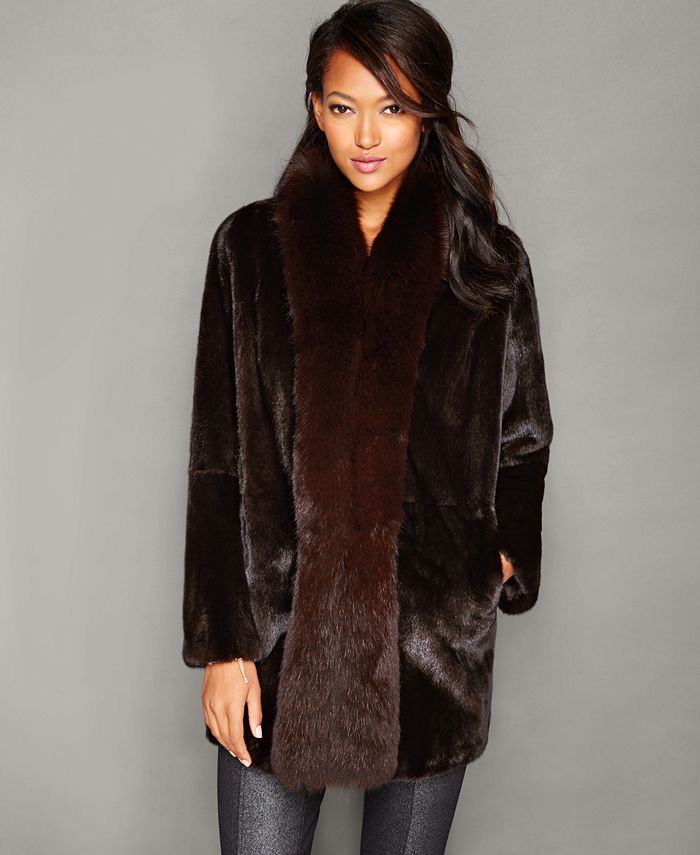 The Fur Vault Fox-Fur-Trim Mink Fur Coat - Macy's