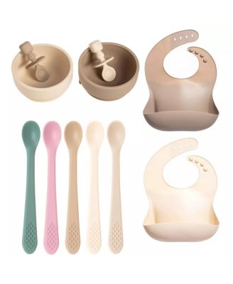 Toddler Feeding Set, Silicone Bib, Bowl & Spoons for Self-Feeding First Stage Essentials – Gum Friendly, BPA-Free, Easy to Clean & Safe for Babies, Pink
