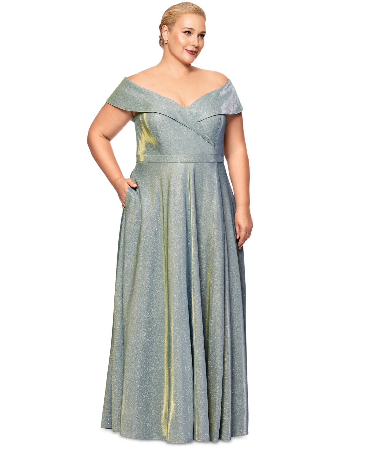 Plus Size Draped Off-The-Shoulder Metallic Gown - Sage