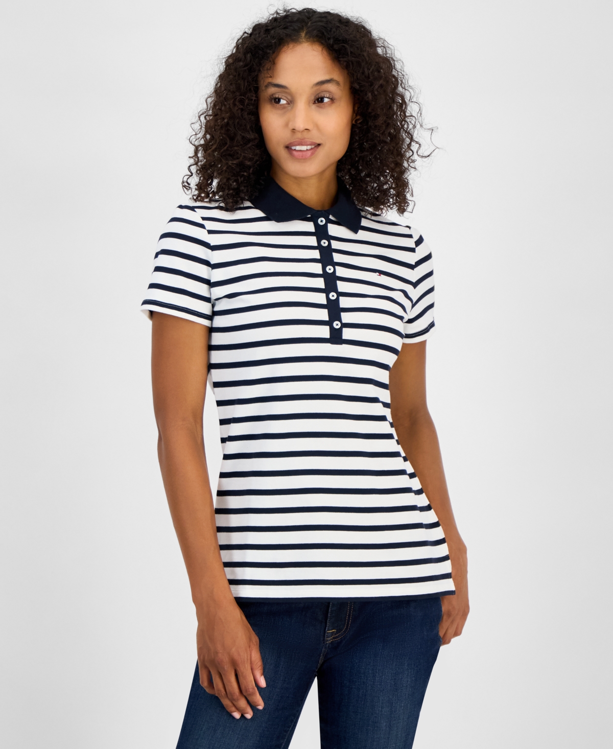 Tommy Hilfiger Women's Striped Short-sleeve Polo Shirt In Bright White,sky Captain