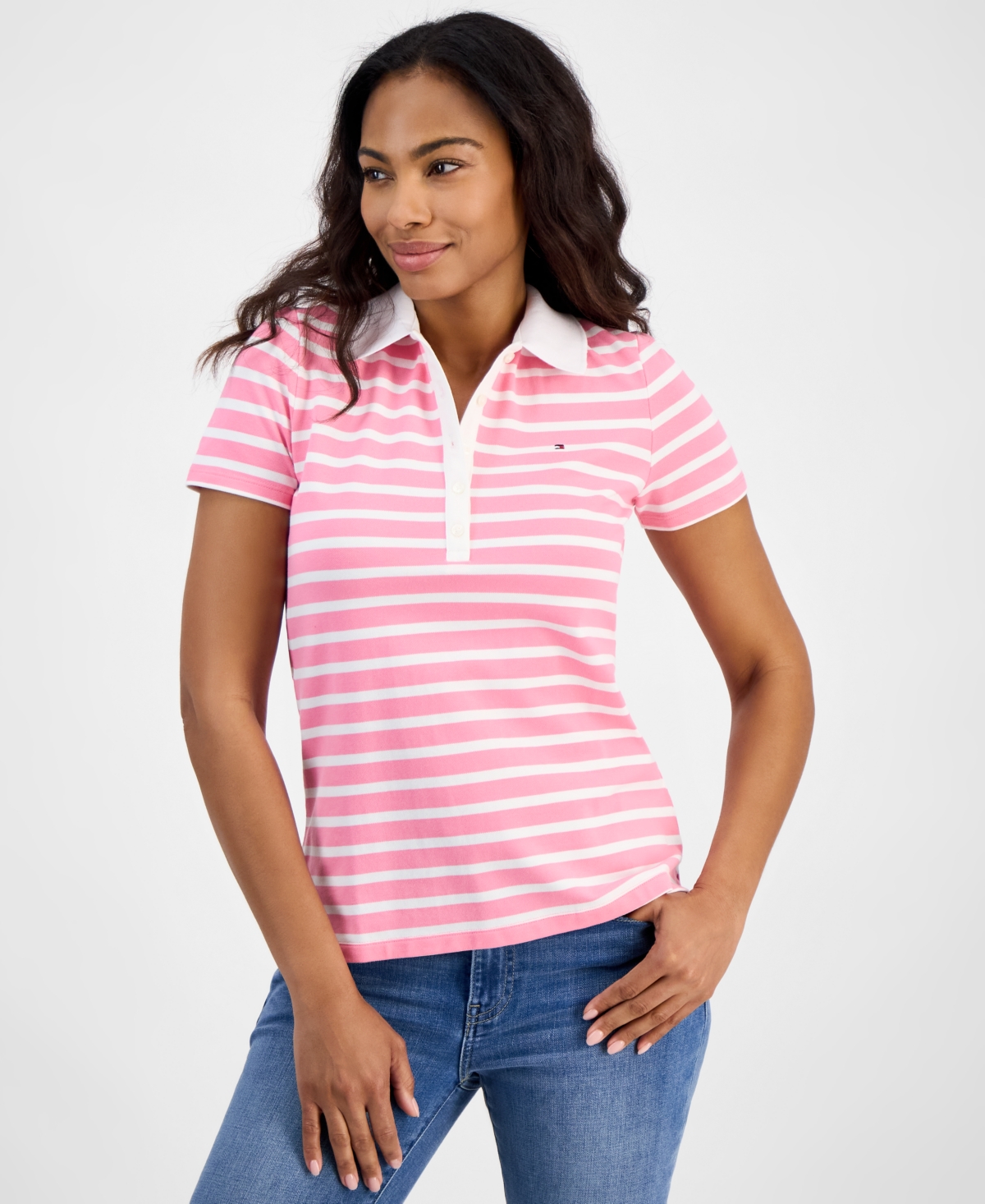 Women's Striped Short-Sleeve Polo Shirt - Bright White/sky Captain