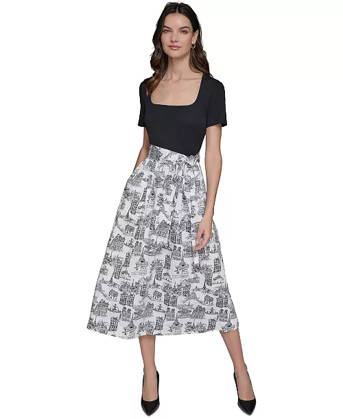 women's mixed-media short-sleeve midi dress