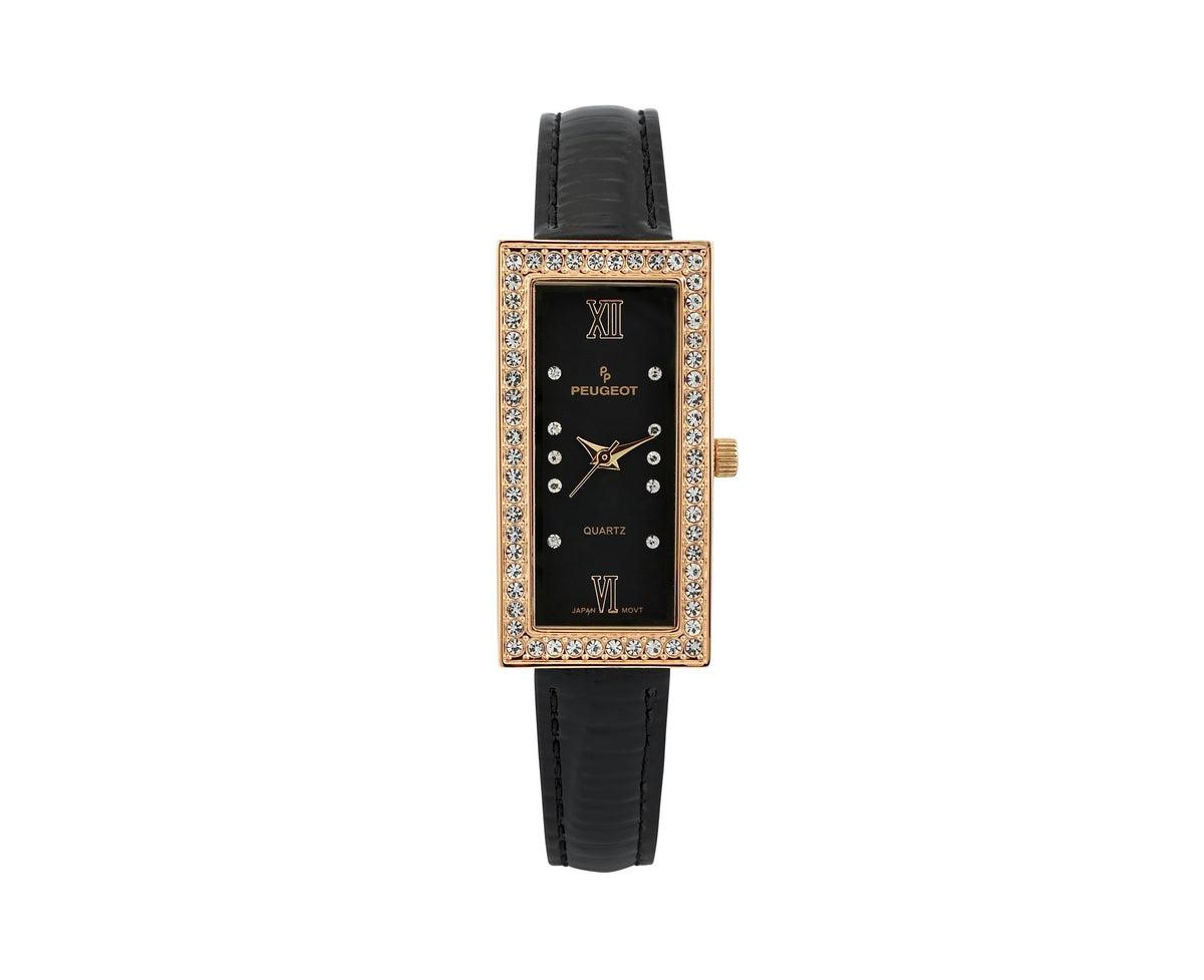 Women's 35x20mm Crystal Bezel Watch with Glossy Black Leather Strap - Black