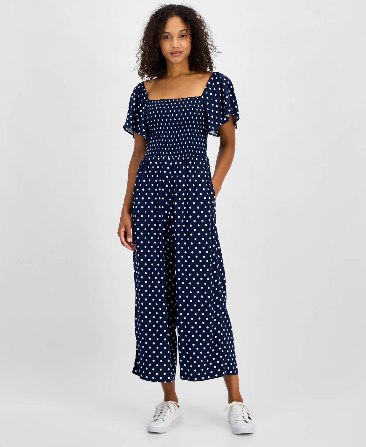 Women's Flutter-Sleeve Polka Dot Jumpsuit - Sky Captain/ Ivory