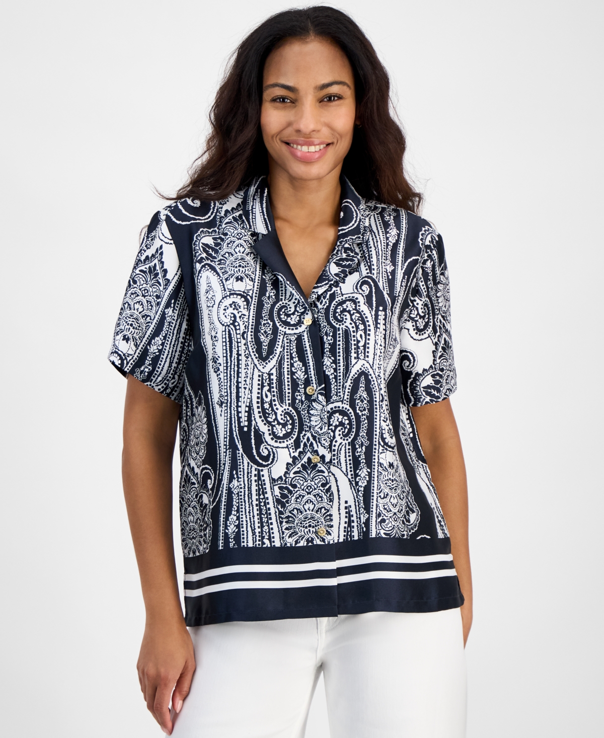 Women's Paisley Button-Front Shirt - Night Sky/Bright White