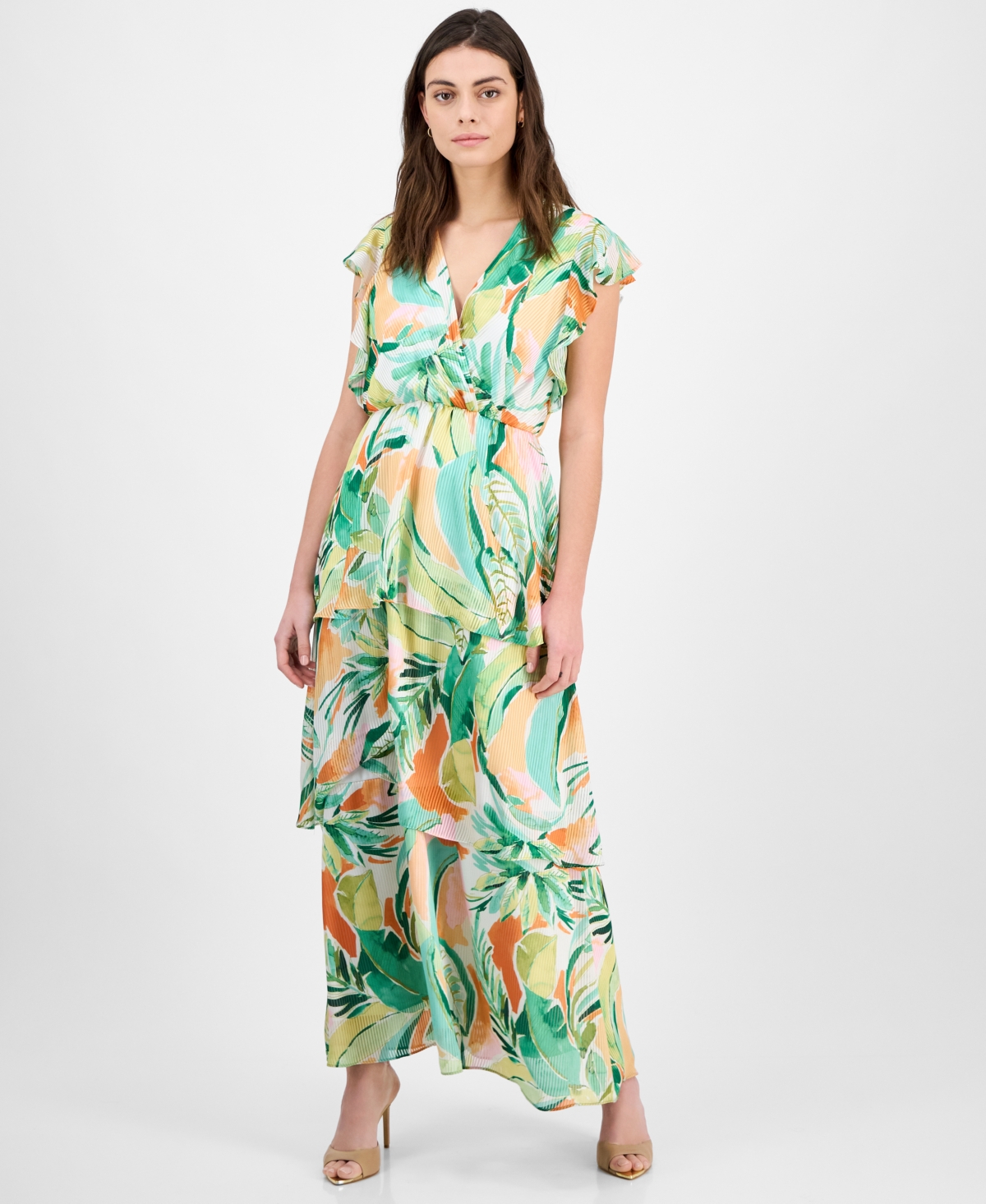 Women's Printed Flutter-Sleeve Maxi Dress - Green Mult