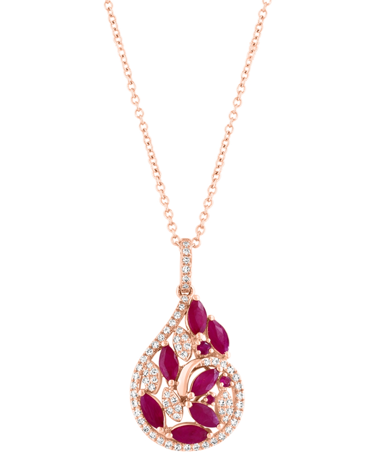 Effy Collection Effy Ruby (1-1/8 Ct. T.w.) & Diamond (1/4 Ct. T.w.) Marquise Teardrop Cluster 18" Pendant Necklace I In Rose Gold