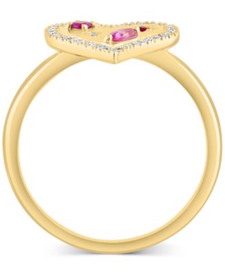 EFFY® Pink Sapphire (1/4 ct. t.w.), Ruby Accent, & Diamond (1/6 ct. t.w.) Heart Halo Ring in 14k Gold
