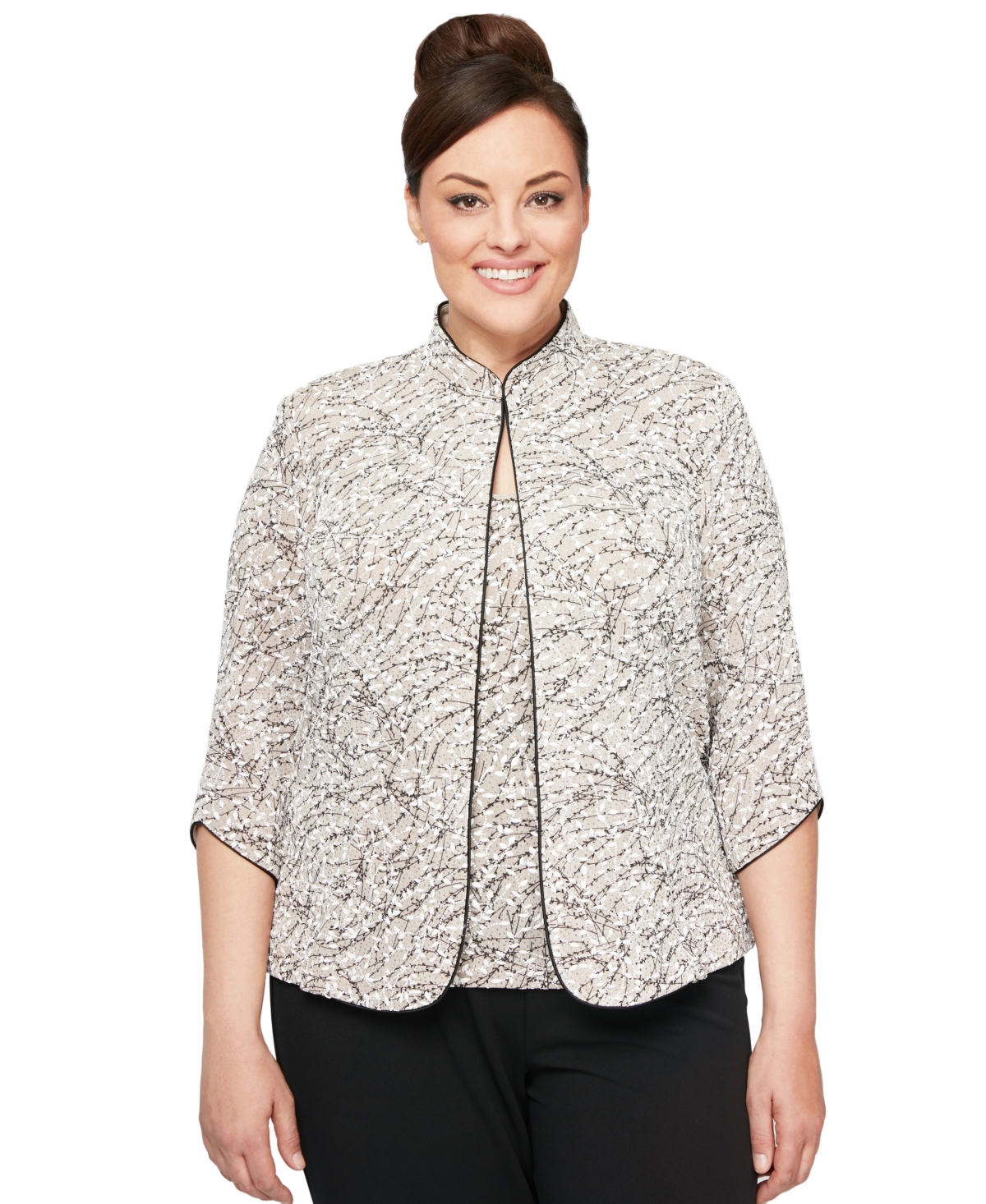 Plus Size Printed Mandarin Jacket & Top Set - Hydrangea Blue