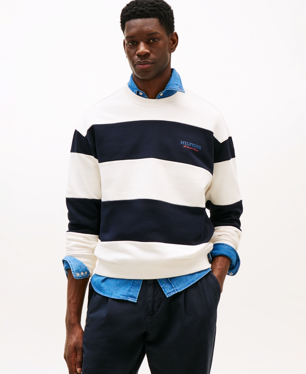 Men's Relaxed-Fit Block Stripe Logo Sweatshirt - Desert Sky/ivory Petal