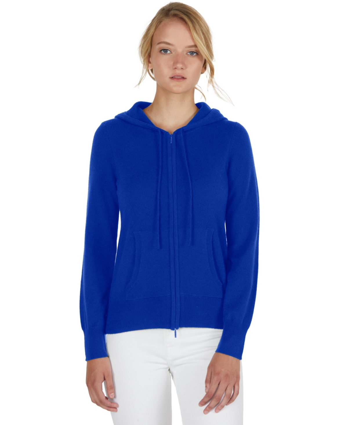 Women's 100% Pure Cashmere Long Sleeve Zip Hoodie Cardigan Sweater - Cobalt
