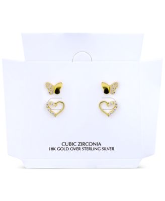 Cubic Zirconia Heart & Butterfly 2-Pc. Set Stud Earrings (1 ct. t.w.) in 18k Gold over Sterling Silver, Exclusively at Macy's