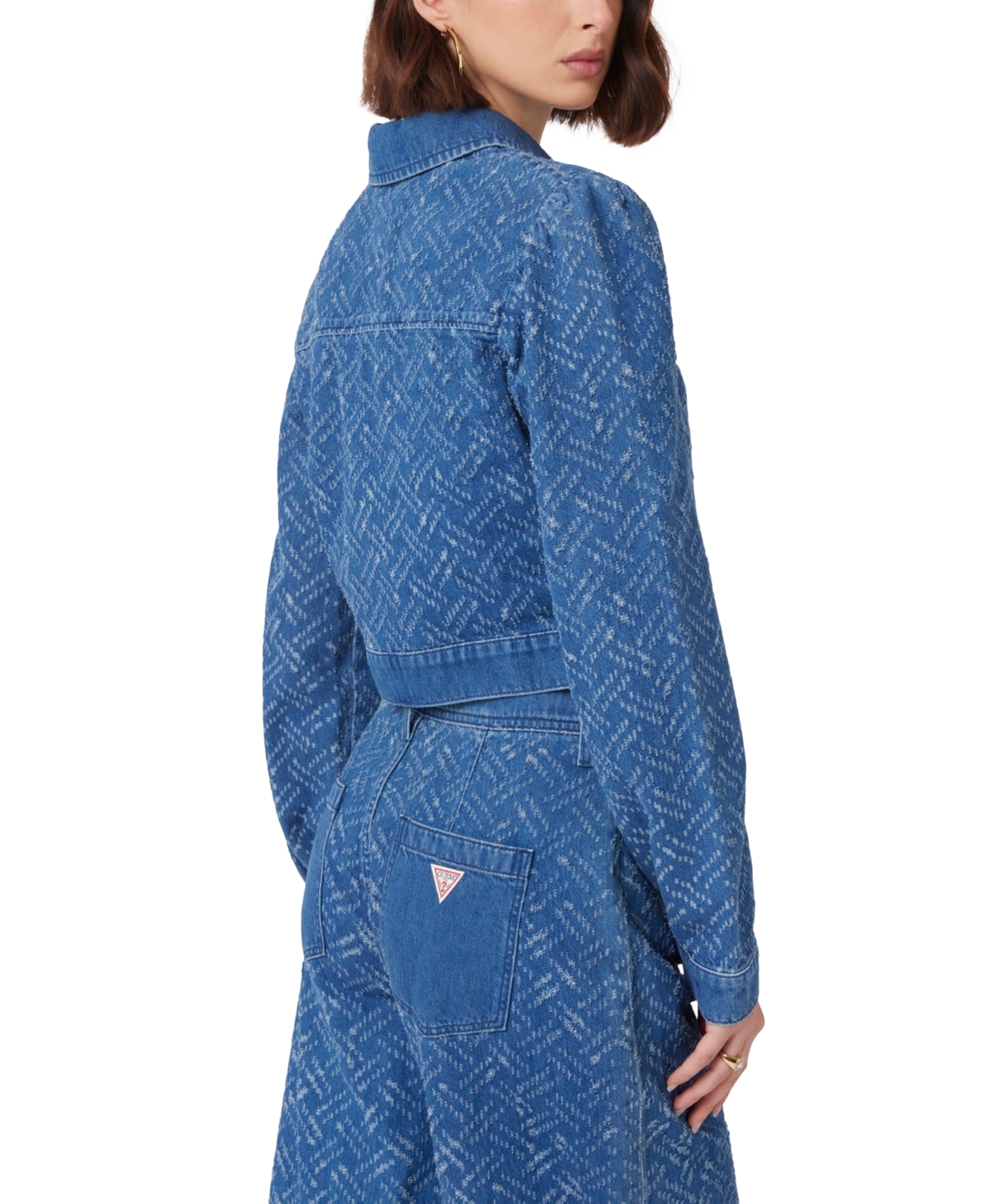 GUESS WOMEN'S GILLY PATTERNED CROPPED DENIM JACKET 