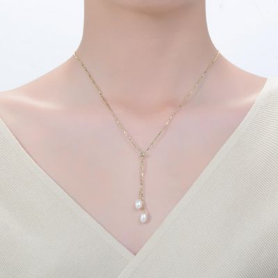 14K Gold Plated Pearl and Cubic Zirconia Y Neck Necklace