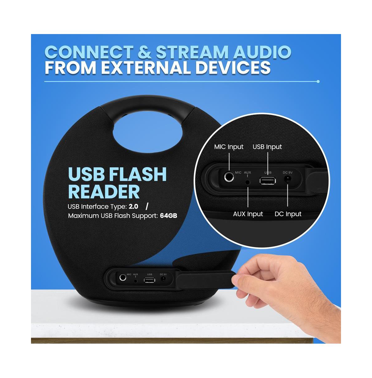 Pyle 5.25” Portable Wireless Bluetooth Streaming Speaker with Waterproof Design, Wireless Microphone, Tws, Usb/MP3 Playback, Rechargeable Batte