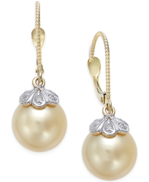 image of Cultured Golden South Sea Pearl (10mm) and Diamond Accent Earrings in 14k Gold