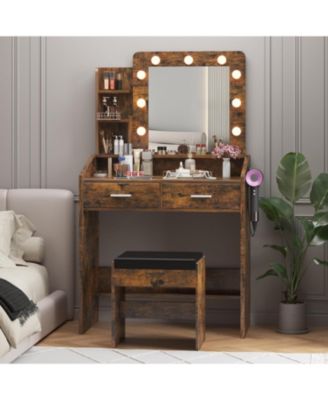 Vanity Desk with Mirror and Lights, Makeup Vanity with Power Outlet