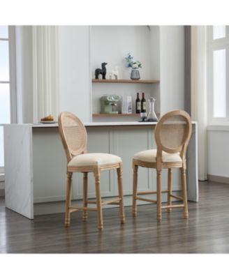 Solid Wood Bar Stools Set of 2, Rattan Back Kitchen Bar Chairs with Upholstered Seat-The Pop Home