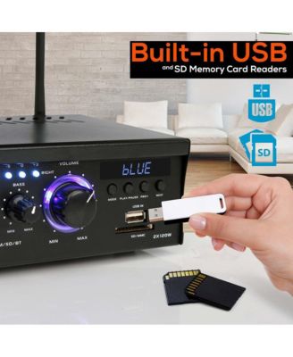 Audio Speaker Power Amplifier System - 2x120W Digital Amp with Headphone Jack, MP3/USB/SD/MMC Card Reader, FM Radio, Bluetooth Receiver, AUX & CD Inputs, Blue LED Display