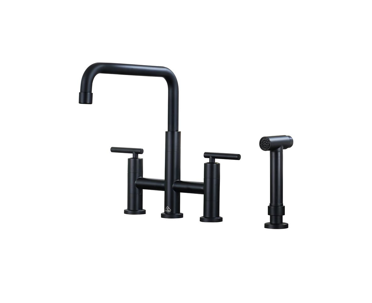 2-Handle Bridge Kitchen Faucet with Pull-Out Side Sprayer - Brushed gold