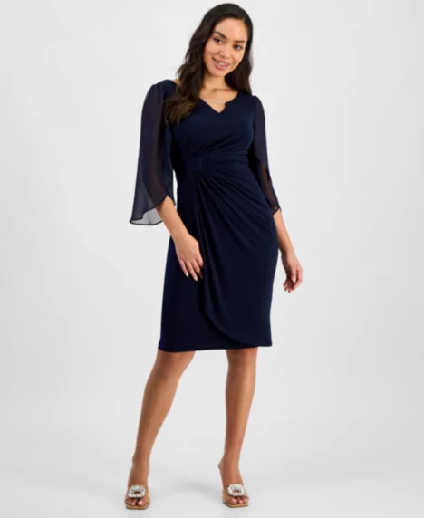 Petite Chain-Detail Sheer-Sleeve Sheath Dress - Nvy