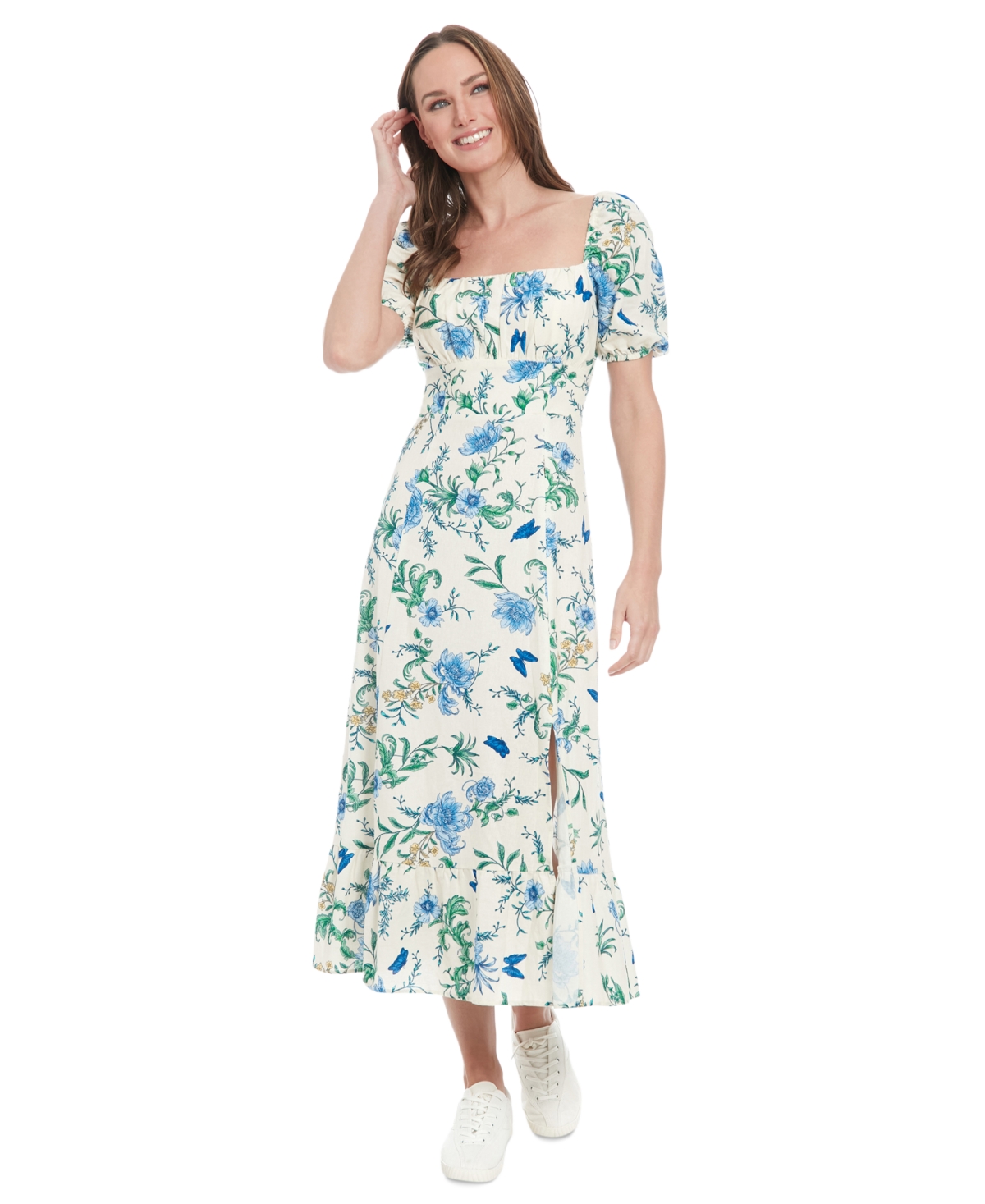 London Times Petite Linen-blend Floral-print Maxi Dress In Cream,denim Blue
