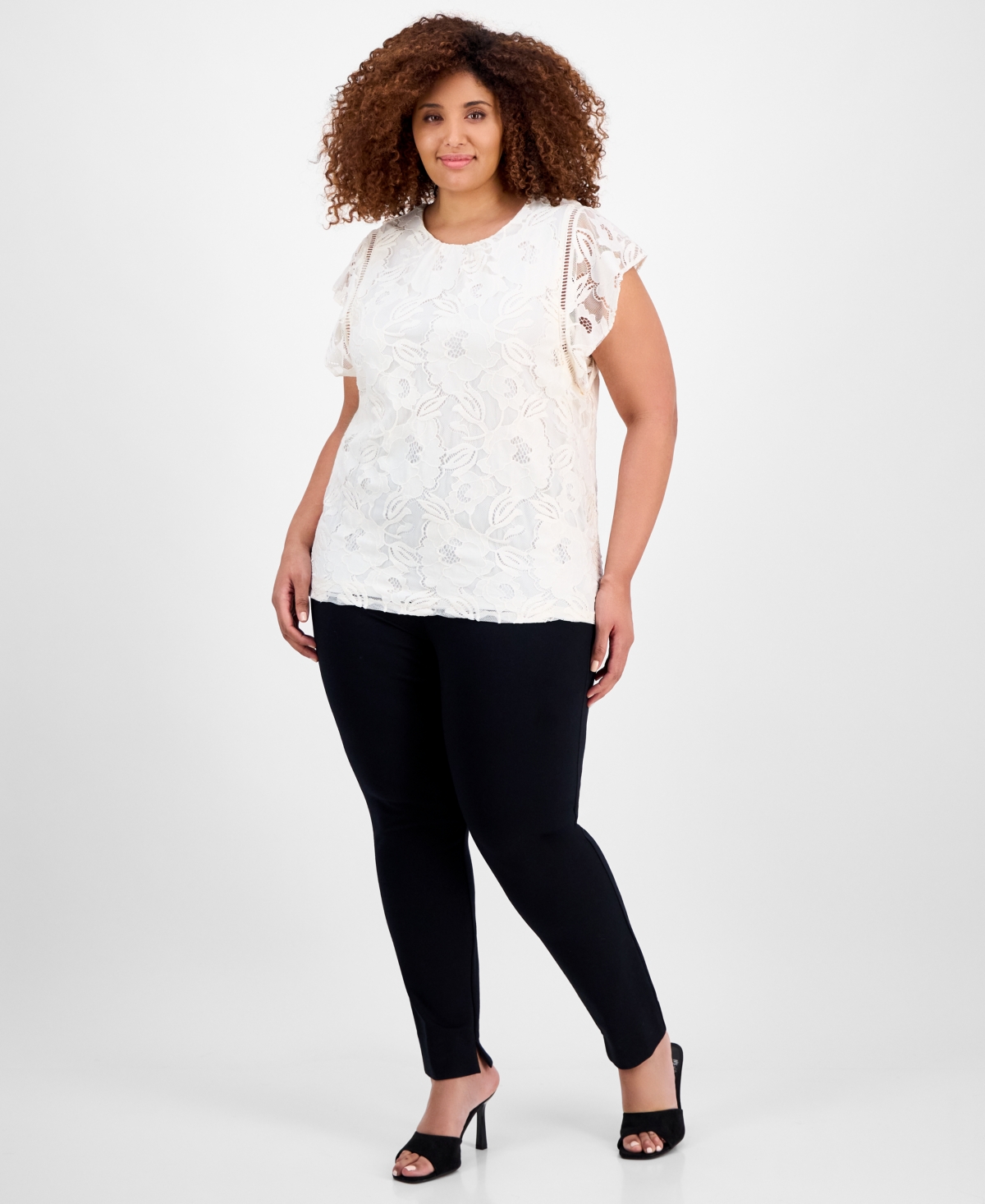 ANNE KLEIN PLUS SIZE FLUTTER-SLEEVE LACE OVERLAY BLOUSE 