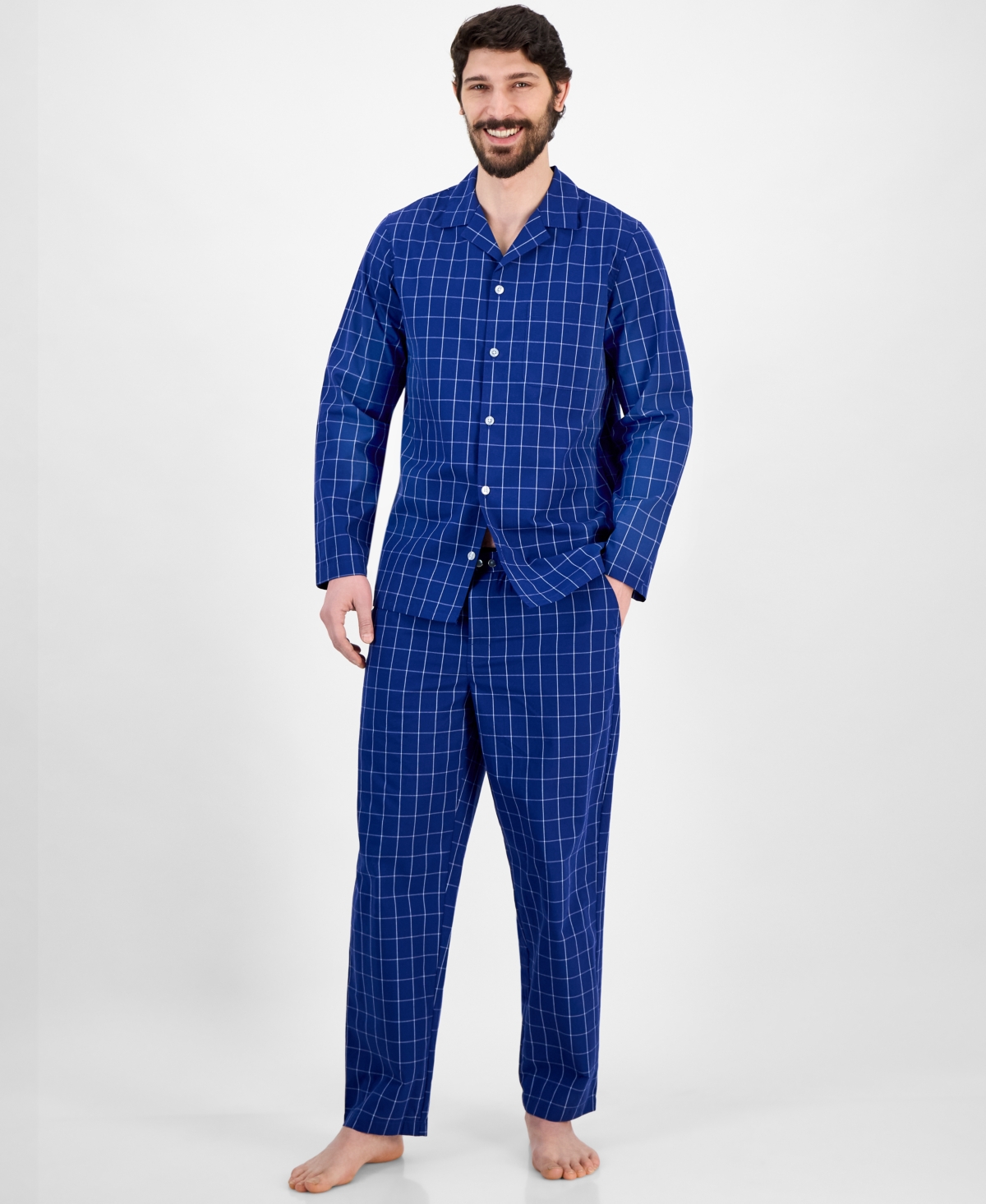 Men's Windowpane Plaid Pajama Set, Exclusively at Macy's - Navy Blue