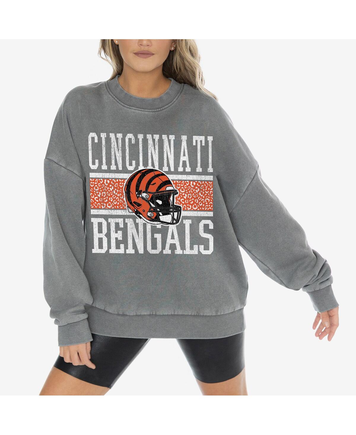 GAMEDAY COUTURE WOMEN'SÂ GRAY CINCINNATI BENGALS VINTAGE WASH OVERSIZED CREWNECK FLEECE PULLOVER 